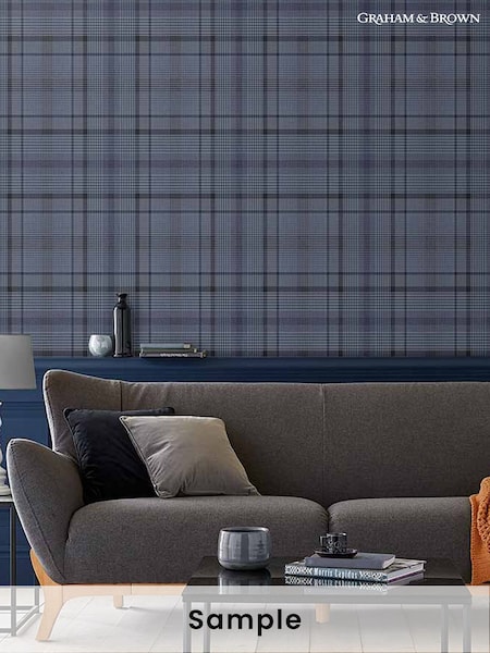 Graham & Brown Navy Blue Heritage Plaid Wallpaper Sample (T30728) | £1