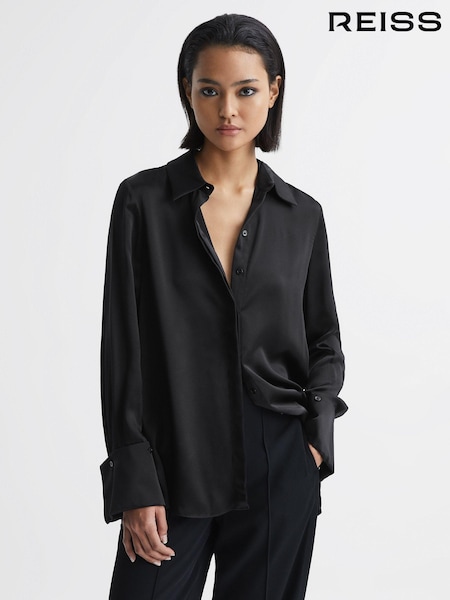 Reiss Black Hailey Silk Double-Cuff Button-Through Shirt (T45083) | £198