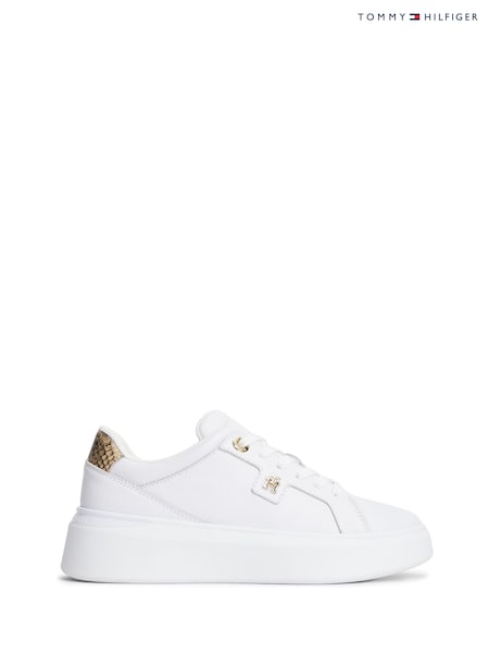 White - Tommy Hilfiger Snake Print Heel Leather Platform Trainers
