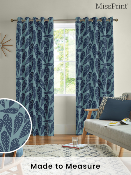 MissPrint Blue Leaf 100% Cotton Tropics Made to Measure Curtain (T51359) | £91