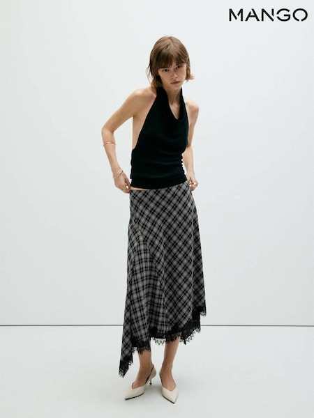 Black - Mango Asymmetric Tartan Lace Trim Midi Skirt