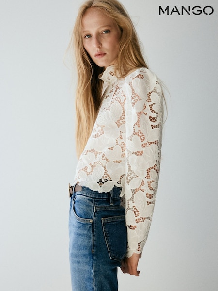 White - Mango High Neck Embroidered Long Sleeve Blouse