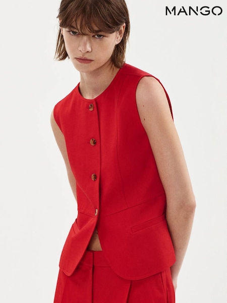 Red - Mango Round Neck Denim Waistcoat