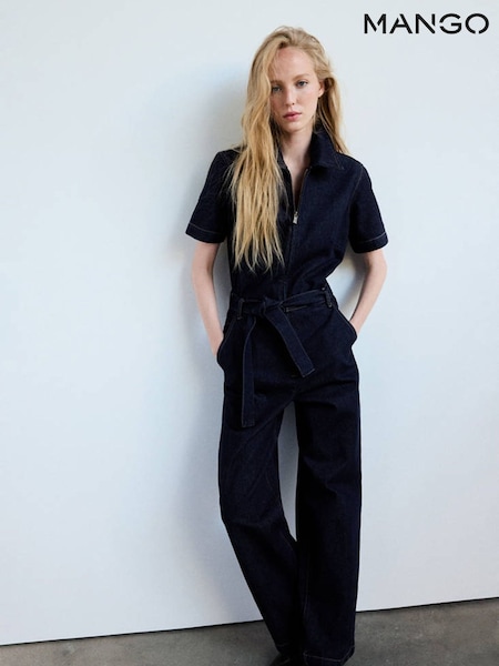 Blue - Mango Denim Zip Detail Straight Leg Jumpsuit