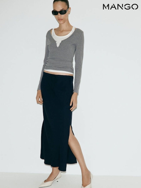 Blue - Mango Tie Waist Maxi Skirt With Side Slit Detail