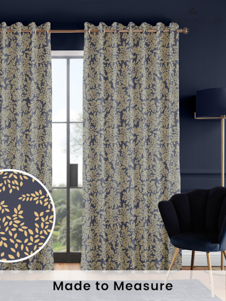 Sara Miller Smokey Blue 100% Cotton Little Leaves Made to Measure Curtains (T60361) | £91