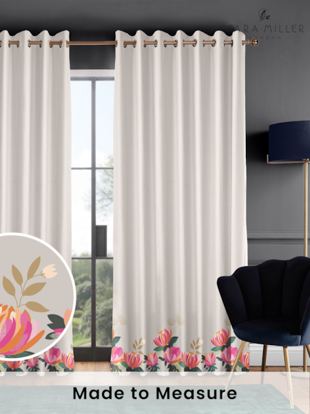 Sara Miller Pale Grey 100% Cotton Peony Border Made to Measure Curtains (T60366) | £91