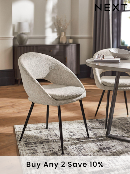 Set of 2 Casual Boucle Natural Hewitt Upholstered Black Leg Dining Chairs (T62880) | £320