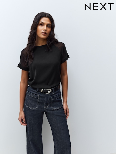 Black Woven Mix Short Sleeve Raglan T-Shirt (T67518) | £22