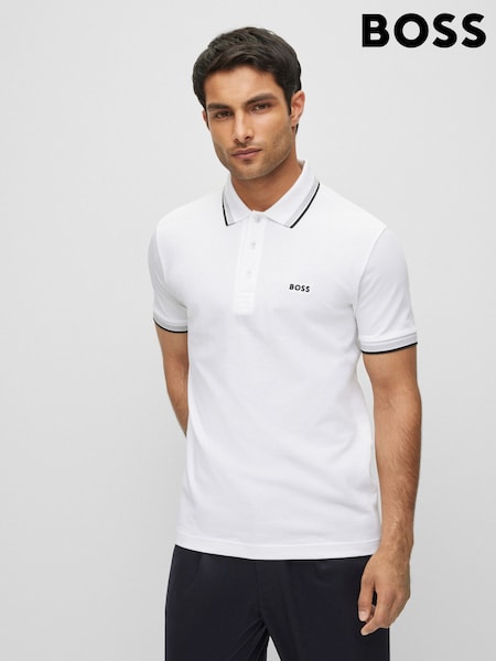 BOSS White/Grey Regular Fit Paddy Tipped Collar 100% Cotton Polo Shirt (T71353) | £89