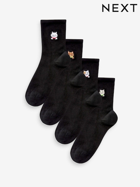 Cat Faces Embroidered Motif Ankle Socks 4 Pack (T72739) | £12