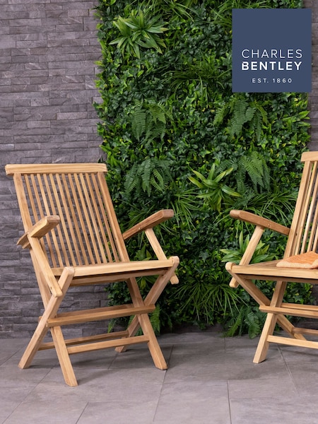 Charles Bentley Natural Pair of Folding Teak Garden Arm Chairs (T73216) | £155