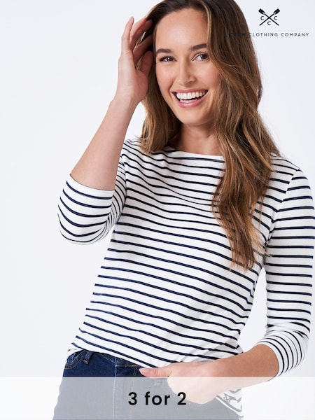 Crew Clothing Company White 100% Cotton Essential Breton Stripe Top (T74628) | £29
