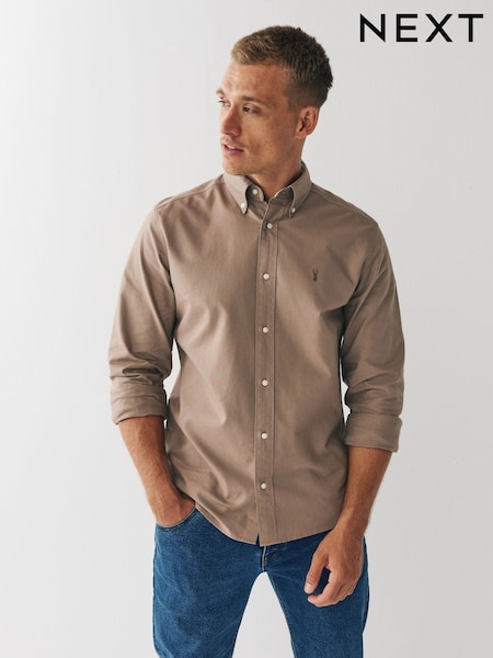 Stone Neutral Regular Fit Long Sleeve Oxford Shirt (T77687) | £26
