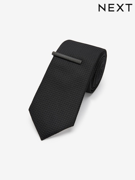 Black Slim Textured Tie And Clip Set (T79824) | £14