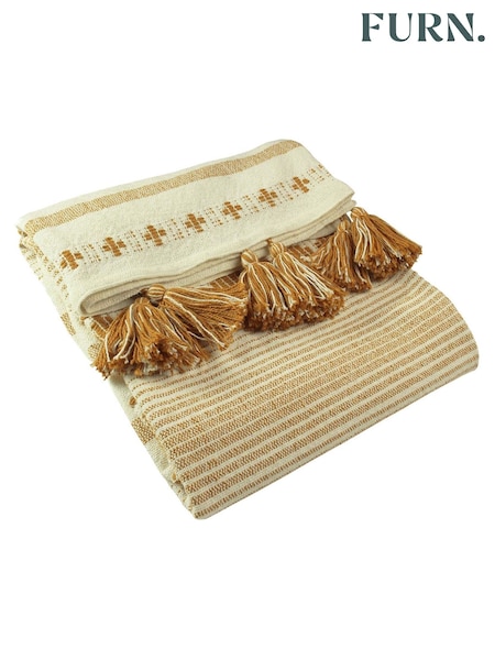 furn. Yellow Pangea Tasselled Woven 100% Cotton Throw (T91643) | £17