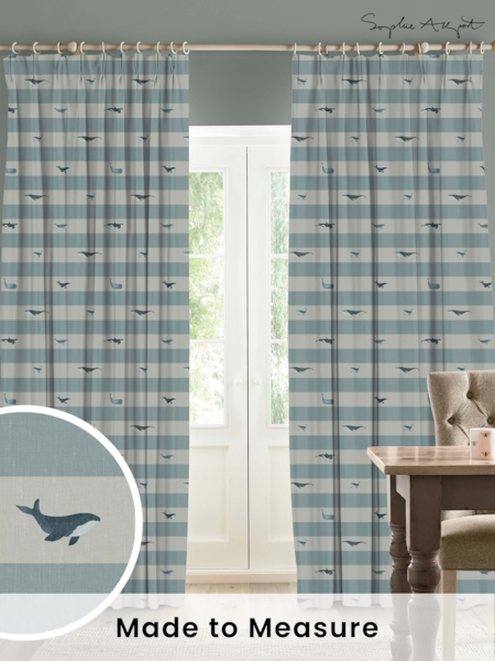 Sophie Allport Duck Egg Blue Kids Whale Stripe Made To Measure 100% Cotton Curtains (U00139) | £91