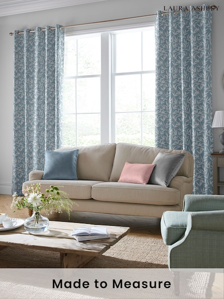 Laura Ashley Blue Willow Leaf Chenille Made To Measure Curtains (U00154) | £91