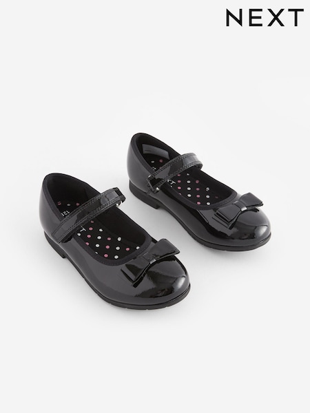Black Patent Wide Fit (G) School Leather Bow Mary Jane Shoes (U00712) | £26 - £35