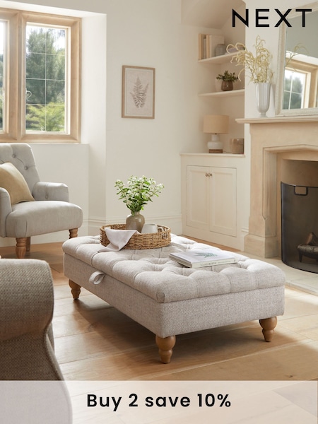 Buttoned Chunky Weave Mid Natural Albury Large Footstool (U01880) | £275