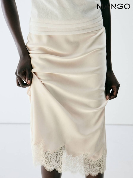 Cream - Mango Lace Trim Midi Skirt