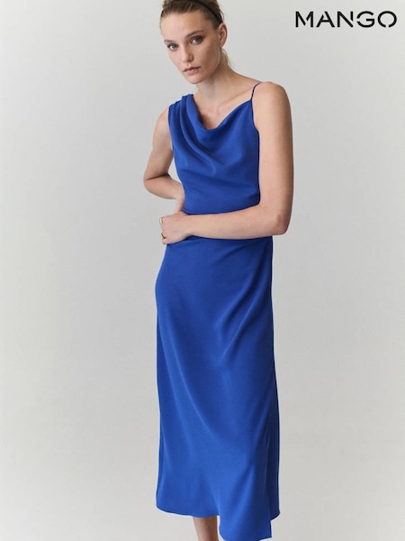 Blue - Mango Asymmetric Shoulder Cinched Waist Midi Dress