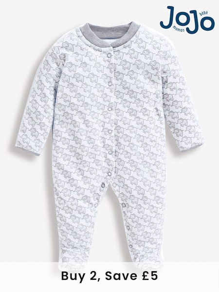 JoJo Maman Bébé Grey Little Elephant Cotton Baby Sleepsuit (U06721) | £20