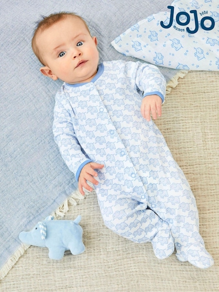 JoJo Maman Bébé Blue Little Elephant Cotton Baby Sleepsuit (U06722) | £20