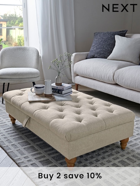 Buttoned Tweedy Plain Light Natural Albury Large Footstool (U09245) | £255