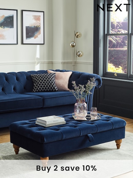 Buttoned Soft Velvet Navy Blue Albury Large Footstool (U09246) | £255