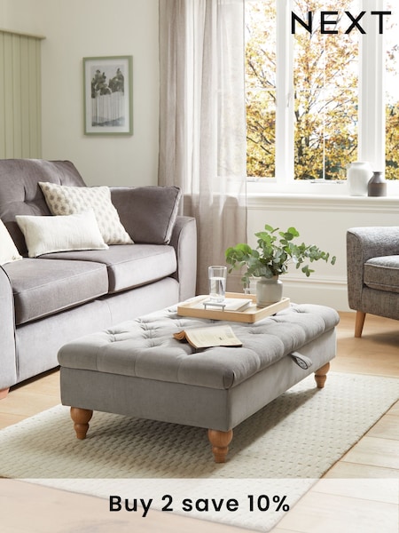Buttoned Fine Chenille Mid Grey Albury Large Footstool (U09247) | £275