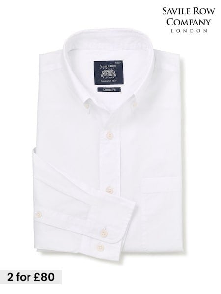White - Regular Savile Row Company Classic Fit Cotton Poplin Button Down Smart Casual Shirt