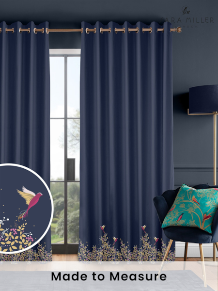 Sara Miller Navy 100% Cotton Hummingbird Border Made to Measure Curtains (U12356) | £91