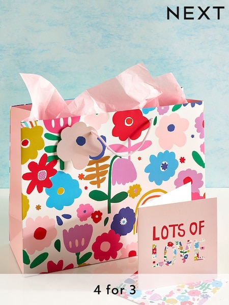 Pink Bright Floral Gift Bag and Card Set (U18146) | £4