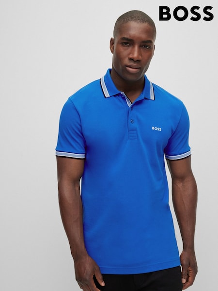 BOSS Blue Bright/Blue Tipping Regular Fit Paddy Tipped Collar 100% Cotton Polo Shirt (U24547) | £89