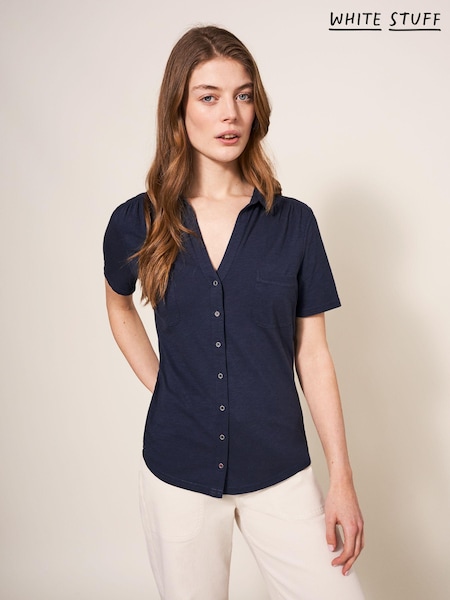 White Stuff Blue Pocket Penny Jersey 100% Cotton Shirt (U25037) | £35