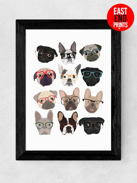 East End Prints Grey Pugs in Glasses Print by Hanna Melin (U30327) | £50 - £130