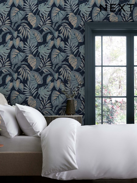 Navy Jungle Leaves 10M Wallpaper (U31039) | £34