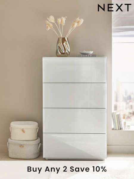 White Sloane Glass 4 Drawer Collection Luxe Chest of Drawers (U31443) | £650