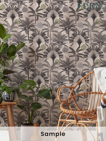 Furn Blush Pink/Charcoal Grey Malaysian Palm Tropical Wallpaper (U40527) | £19