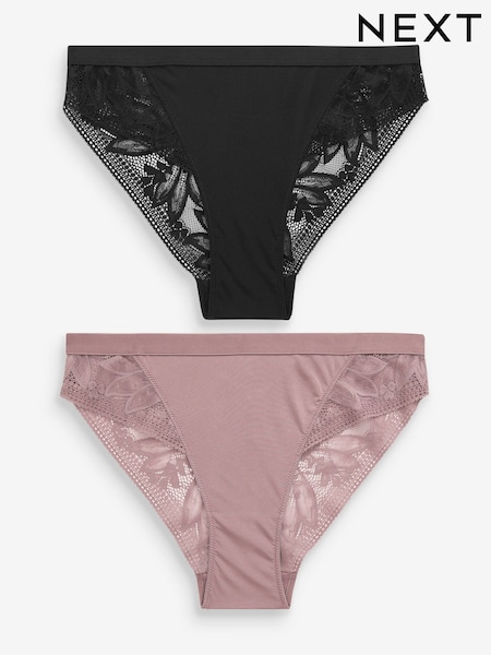 Black/Mauve Purple High Leg Microfibre & Lace Knickers 2 Pack (U44123) | £18
