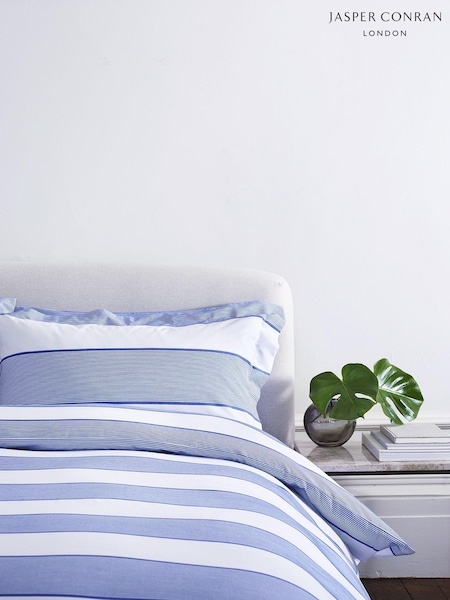 Jasper Conran London Blue Woven Pinstripe 100% Cotton Double Duvet Set (U44916) | £140 - £180
