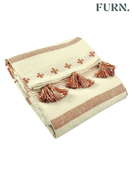 furn. Terracotta Pangea Tasselled Woven 100% Cotton Throw (U46847) | £24