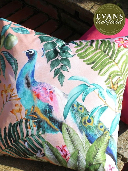 Evans Lichfield Pink Peacock 43x43 Outdoor Polyester Cushion (U46921) | £15