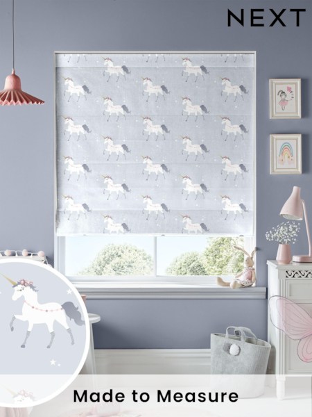 Blue Grey Magical Unicorn Made To Measure Roman 100% Cotton Blind (U47656) | £70