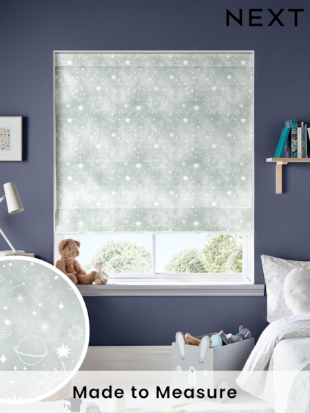 Sage Green Kids Space And Moon Made To Measure Roman 100% Cotton Blind (U47704) | £70