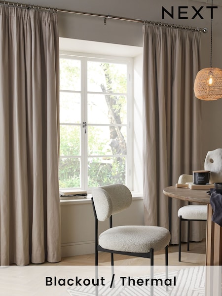 Natural Dark Cotton Blackout/Thermal Pencil Pleat Curtains (U53173) | £40 - £105