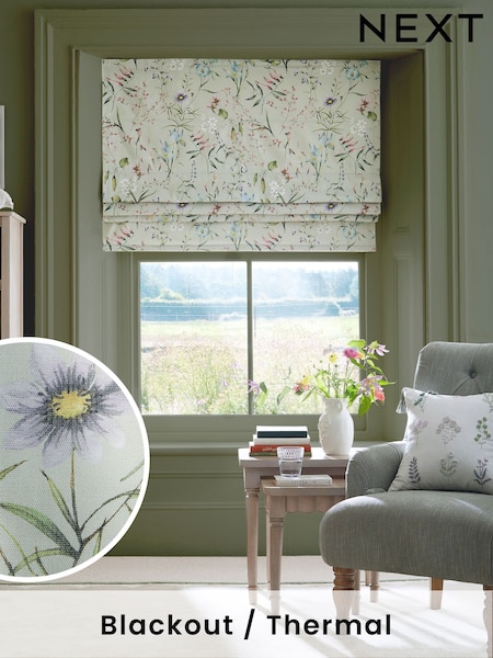 Sage Green Ready Made Blackout Roman Blind Floral Regency (U59786) | £45 - £80