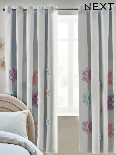 White Applique Daisy Eyelet Blackout Curtains (U60348) | £47 - £77