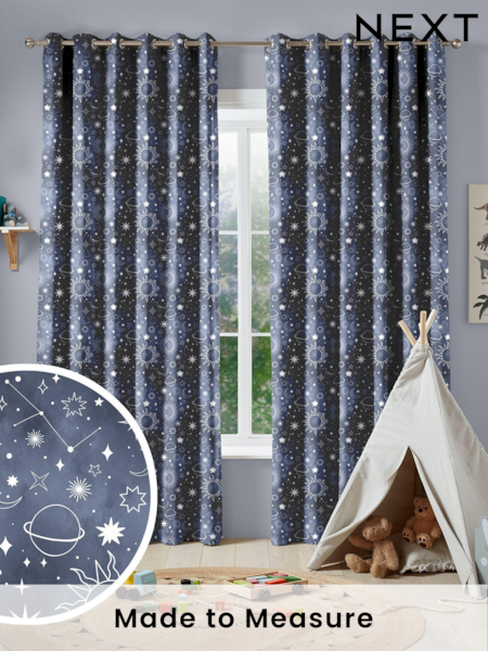 Ink Blue Kids Space And Moon Made To Measure 100% Cotton Curtains (U61335) | £82